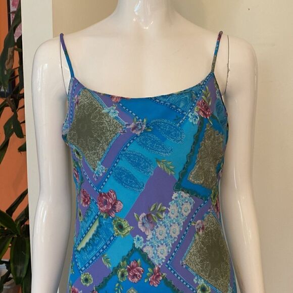 Vintage My Michelle Blue & Green Patchwork Handkerchief Midi Dress Size 9 - Picture 3 of 12